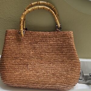 Elegant Tan Woven Handbag with Bamboo Handles